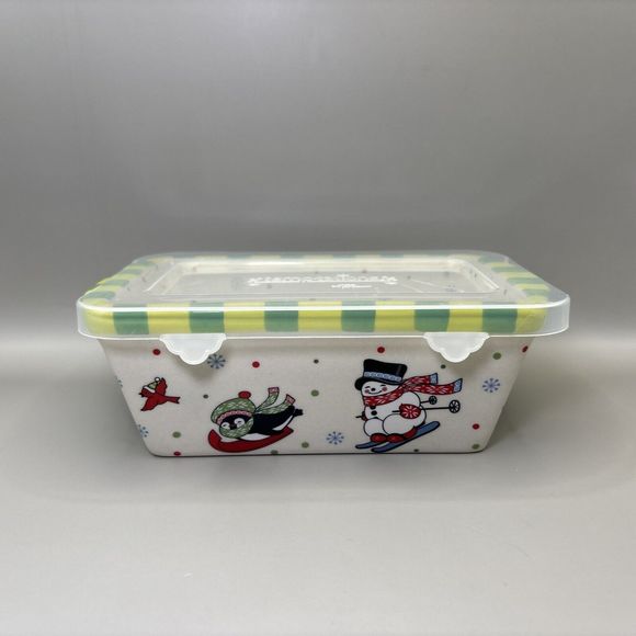 Temptations By Tara "Winter Whimsy" Snowman & Penguin 12 Oz Loaf Pan With Lid - Picture 1 of 7